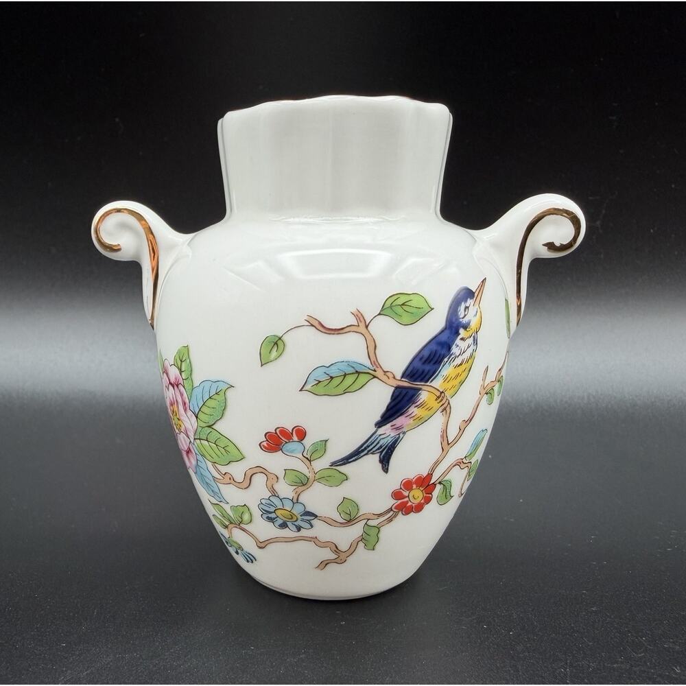 Aynsley Pembroke Double Handle Mini Vase 3.5” Bone China Florals & Bird England